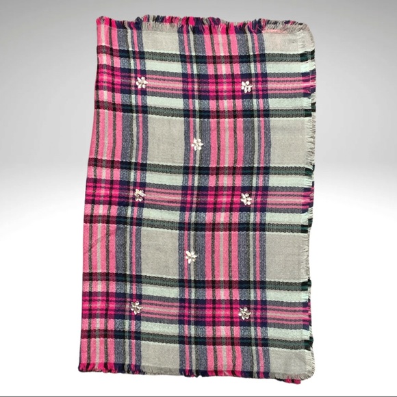 Betsey Johnson Large Multicolor Plaid Embellished Scarf with Fringe Border 76x30 - Picture 7 of 8